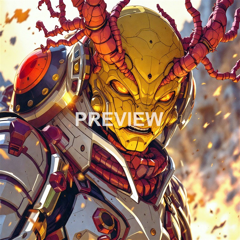 A detailed illustration of a fierce, humanoid robot or cyborg with a yellow, cracked face, glowing orange eyes, and red tendrils emanating from its head, set against a fiery, explosive background.